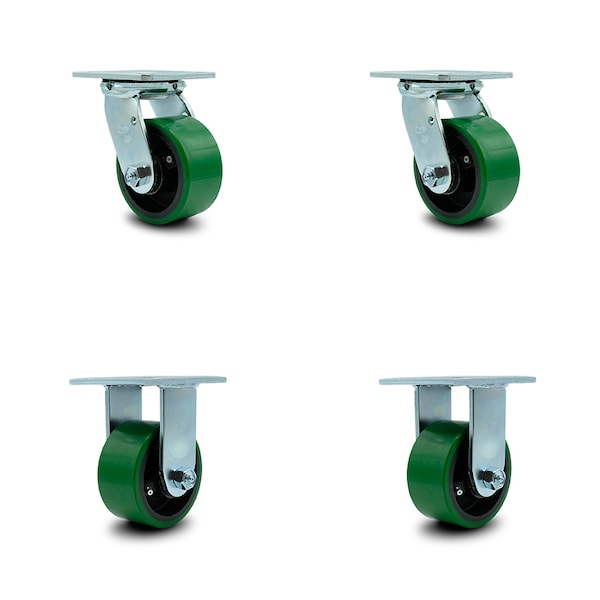 4 Inch Green Poly on Cast Iron Caster Set with Ball Bearings 2 Swivel 2 Rigid
